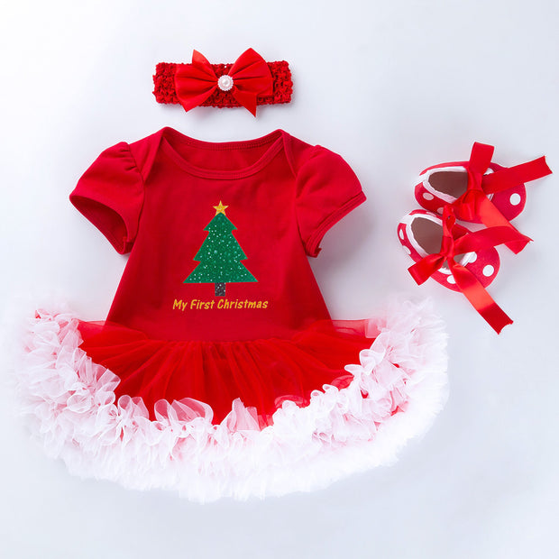 Baby Christmas New Short Sleeve Cartoon Mesh Dress - Boaties Collective