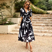 New V-neck Printed Short-sleeved Long Dress Summer Fashion Slim Seaside Vacation Beach Dresses For Women Clothing - Boaties Collective