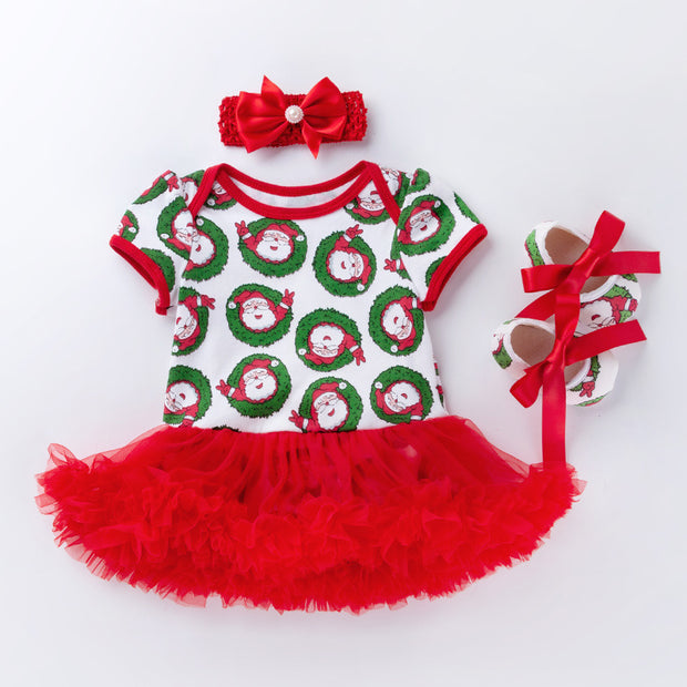 Baby Christmas New Short Sleeve Cartoon Mesh Dress - Boaties Collective
