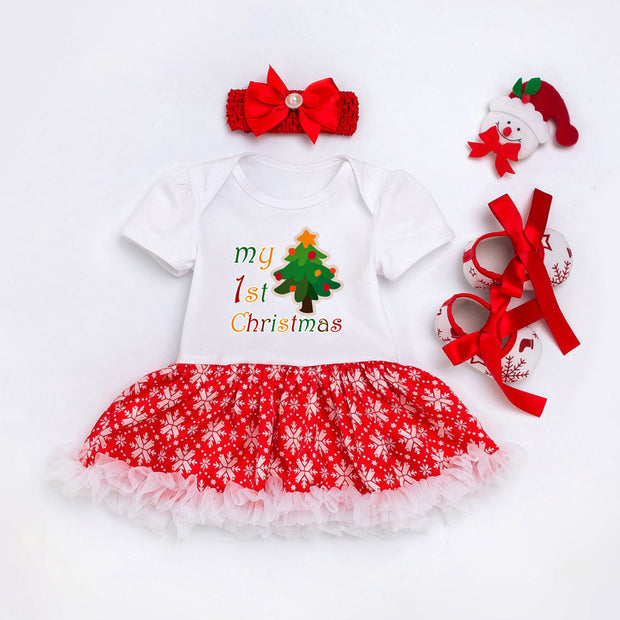 Baby Christmas New Short Sleeve Cartoon Mesh Dress - Boaties Collective