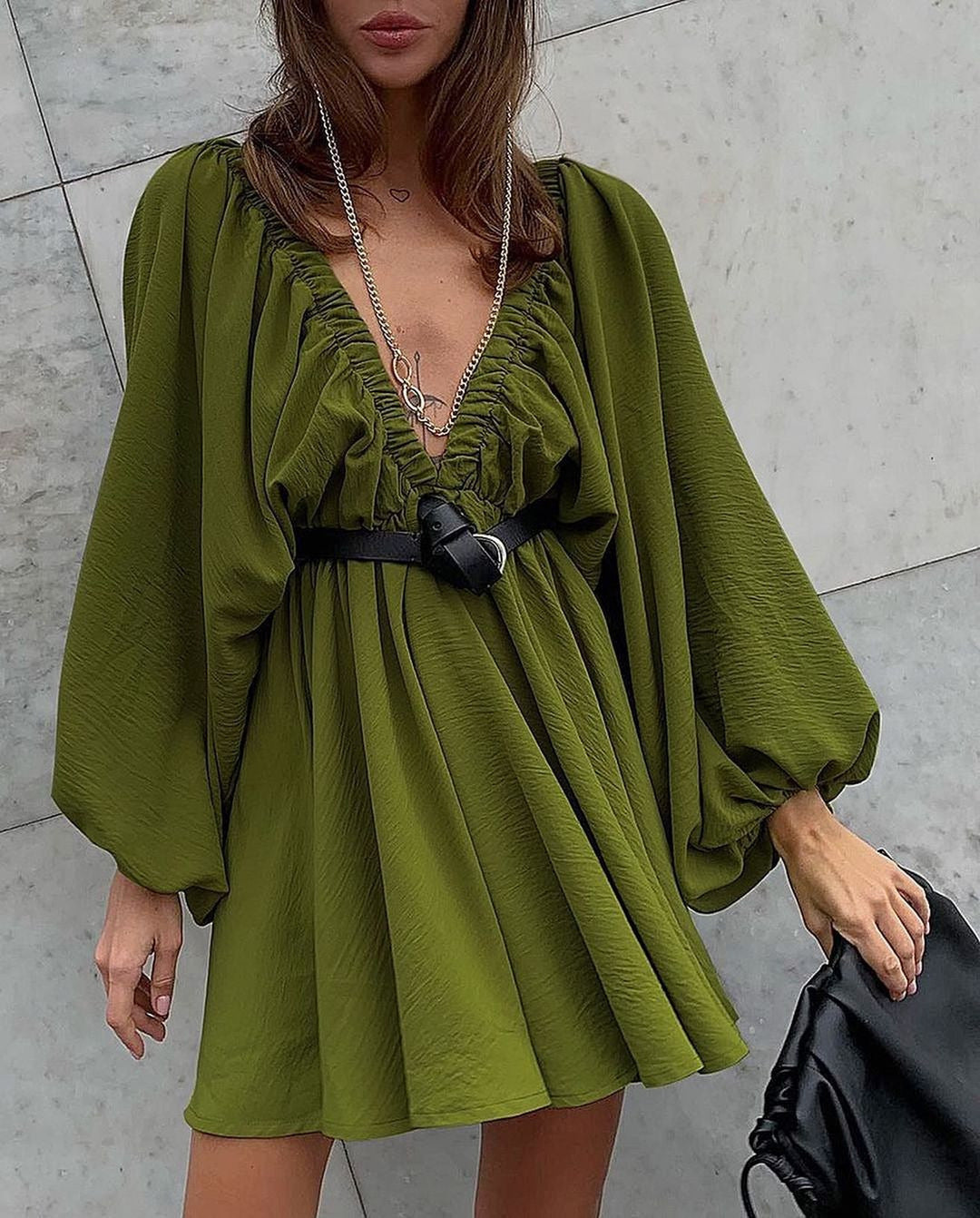 V-neck Lantern Sleeve Dress Fashion Loose Long-sleeved Dresses For Women Clothing - Boaties Collective