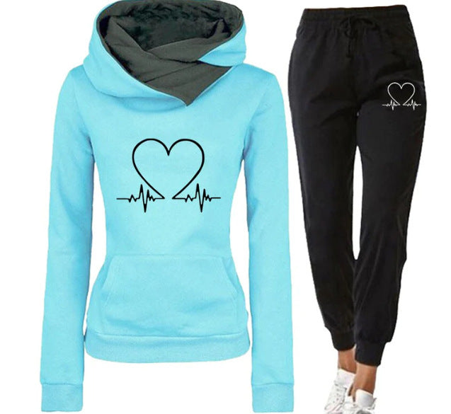 Love Heart Printed Sports Suit Hooded Sweatshirt Top And Drawstring Pants Fashion Casual Clothing For Women - Boaties Collective