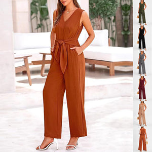 New V-neck Sleeveless Long Jumpsuit With Pockets And Lace-up Design Wide-leg Straight Trousers Summer Womens Clothing - Boaties Collective