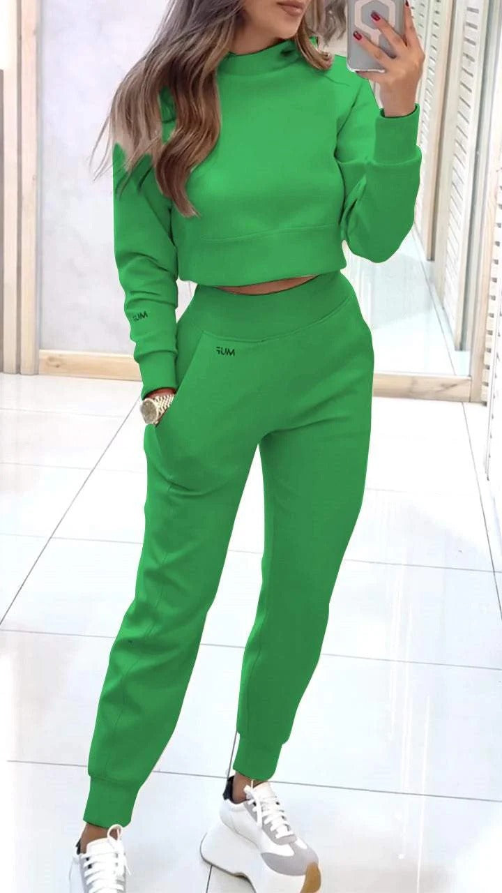 Stand Collar Sports Suit Fashion Pullover Long-sleeves Short Top And Slim Trousers With Pockets Solid Outfits Women's Clothing - Boaties Collective