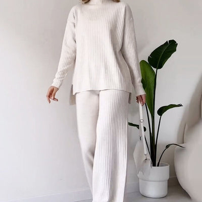 Turtleneck Knitted Suit Loose Split Design Long-sleeved Top And Straight Trousers Fashion Casual Solid Set Women's Clothing - Boaties Collective