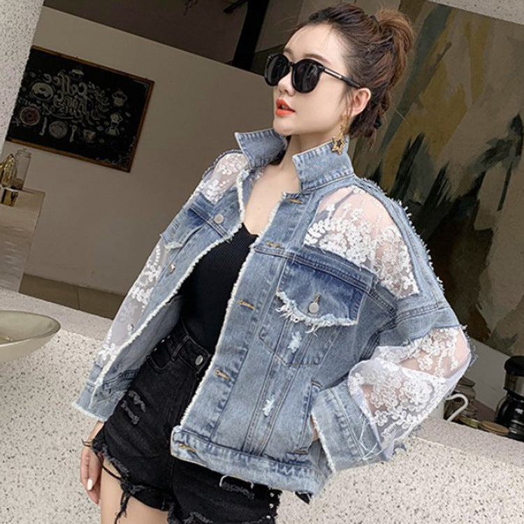 Denim Short Jacket Women Trendy Fashion Casual Lace Stitching Loose Sun Protection Clothing - Boaties Collective