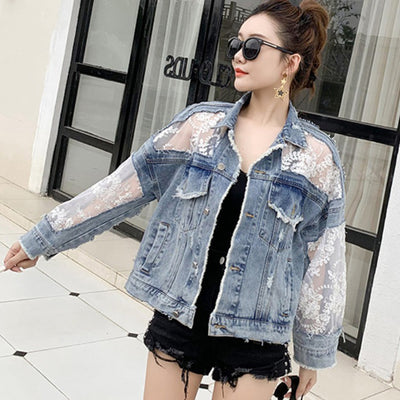 Denim Short Jacket Women Trendy Fashion Casual Lace Stitching Loose Sun Protection Clothing - Boaties Collective