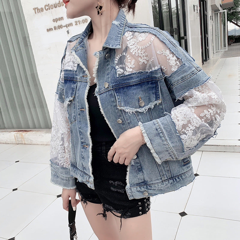 Denim Short Jacket Women Trendy Fashion Casual Lace Stitching Loose Sun Protection Clothing - Boaties Collective