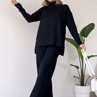 Turtleneck Knitted Suit Loose Split Design Long-sleeved Top And Straight Trousers Fashion Casual Solid Set Women's Clothing - Boaties Collective