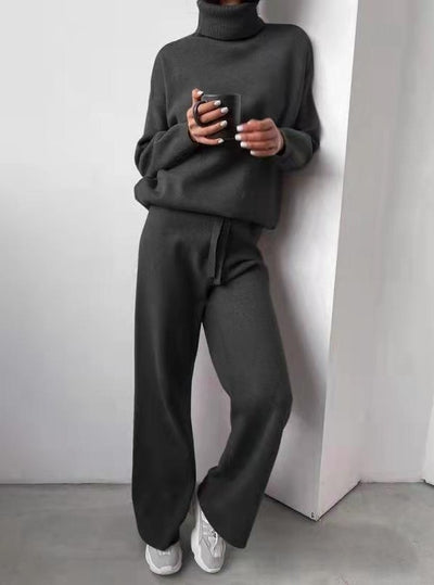 Casual Fashion Suits For Women Turtleneck Sweater And Drawstring Straight Pants - Boaties Collective