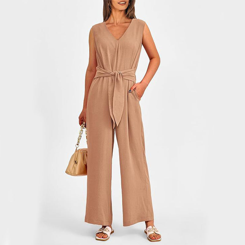 New V-neck Sleeveless Long Jumpsuit With Pockets And Lace-up Design Wide-leg Straight Trousers Summer Womens Clothing - Boaties Collective