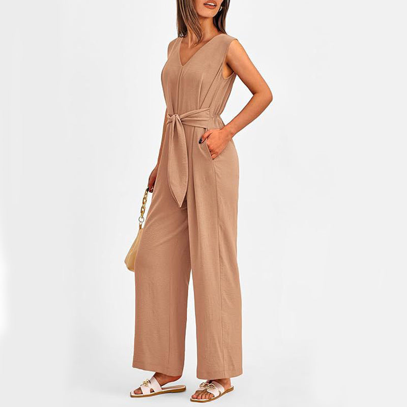 New V-neck Sleeveless Long Jumpsuit With Pockets And Lace-up Design Wide-leg Straight Trousers Summer Womens Clothing - Boaties Collective