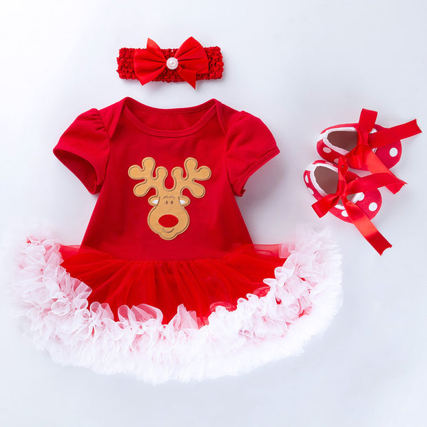 Baby Christmas New Short Sleeve Cartoon Mesh Dress - Boaties Collective