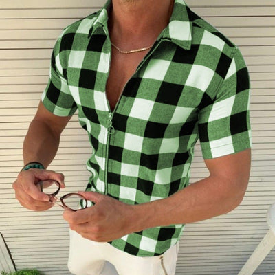 Plaid T Shirt Mens Zipper Short Sleeve Shirts Summer Men Clothing - Boaties Collective