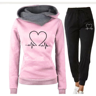 Love Heart Printed Sports Suit Hooded Sweatshirt Top And Drawstring Pants Fashion Casual Clothing For Women - Boaties Collective