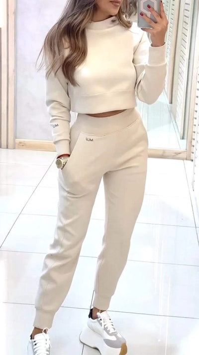 Stand Collar Sports Suit Fashion Pullover Long-sleeves Short Top And Slim Trousers With Pockets Solid Outfits Women's Clothing - Boaties Collective