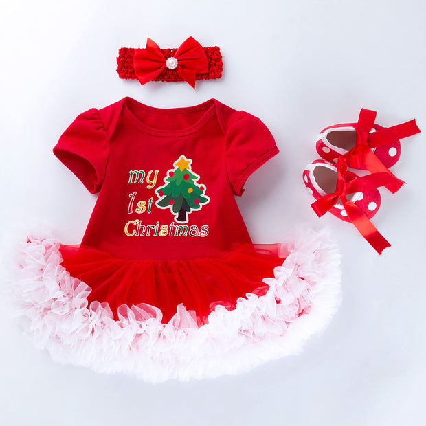 Baby Christmas New Short Sleeve Cartoon Mesh Dress - Boaties Collective