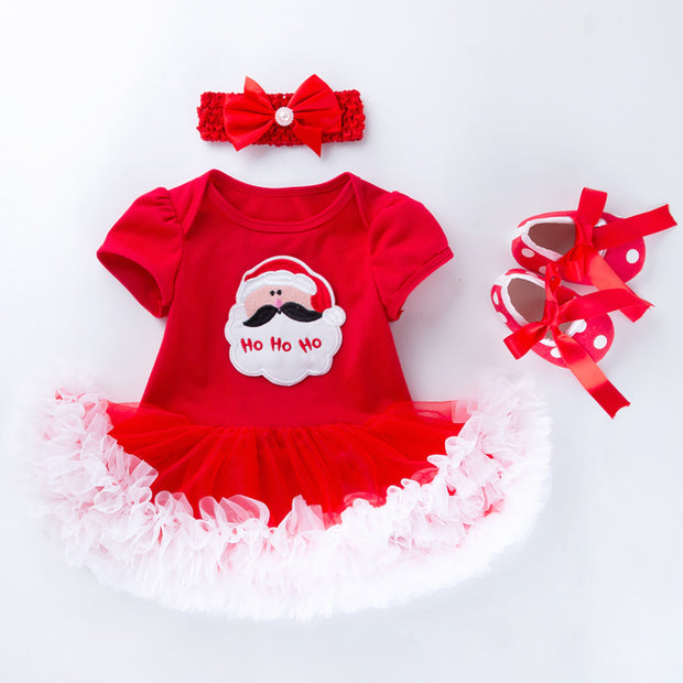 Baby Christmas New Short Sleeve Cartoon Mesh Dress - Boaties Collective