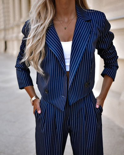 Fashion Striped Suits Casual Lapel Long Sleeve Cropped Top And Straight Pants Outfits Women's Clothing - Boaties Collective