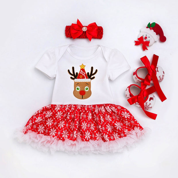 Baby Christmas New Short Sleeve Cartoon Mesh Dress - Boaties Collective