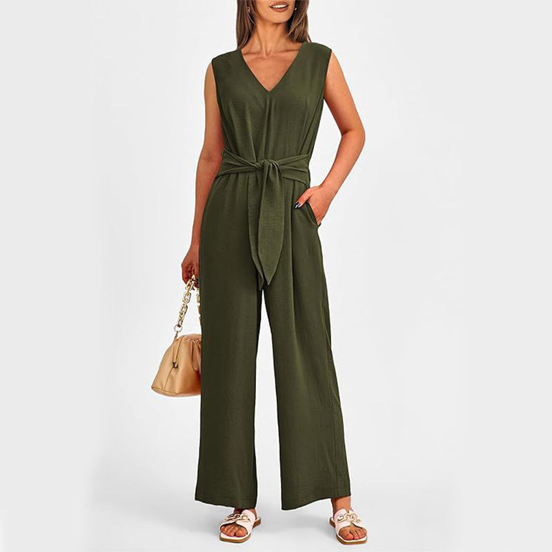 New V-neck Sleeveless Long Jumpsuit With Pockets And Lace-up Design Wide-leg Straight Trousers Summer Womens Clothing - Boaties Collective