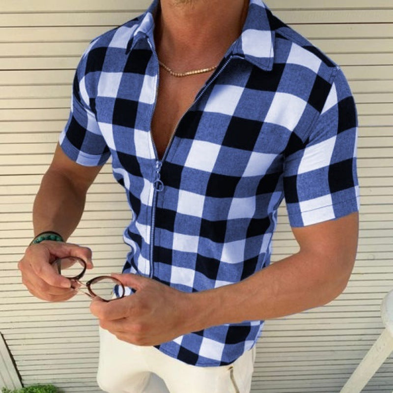 Plaid T Shirt Mens Zipper Short Sleeve Shirts Summer Men Clothing - Boaties Collective