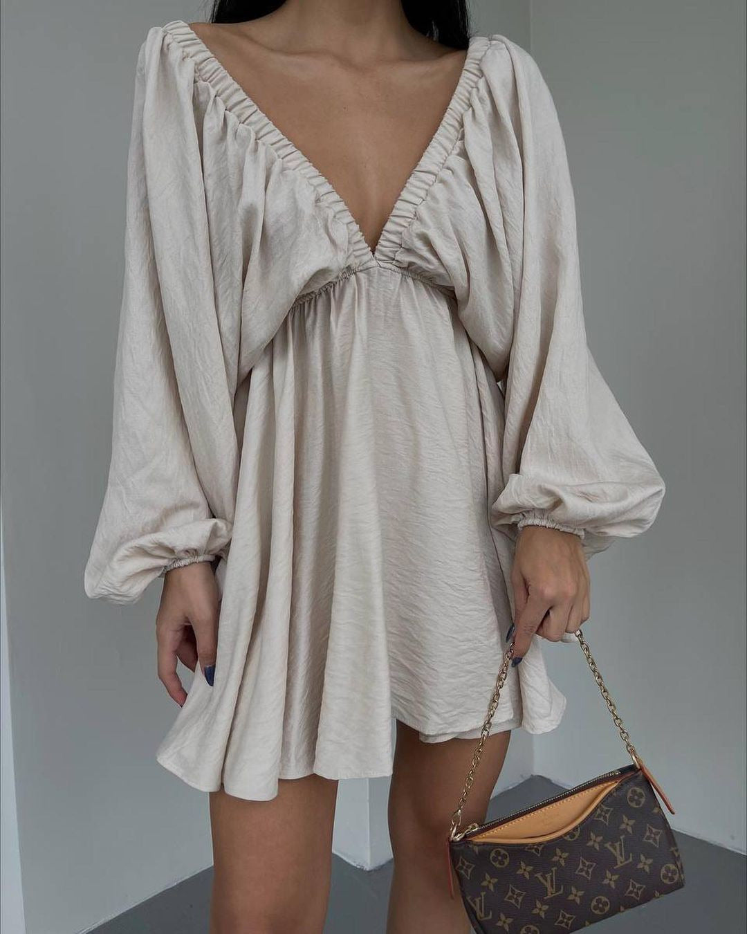 V-neck Lantern Sleeve Dress Fashion Loose Long-sleeved Dresses For Women Clothing - Boaties Collective