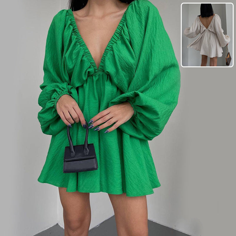 V-neck Lantern Sleeve Dress Fashion Loose Long-sleeved Dresses For Women Clothing - Boaties Collective