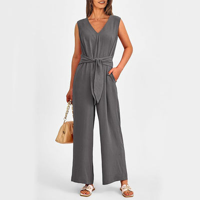 New V-neck Sleeveless Long Jumpsuit With Pockets And Lace-up Design Wide-leg Straight Trousers Summer Womens Clothing - Boaties Collective