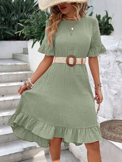 European And American Women's Clothing New Tied Lotus Leaf Short Sleeve Fashion Dress Women - Boaties Collective