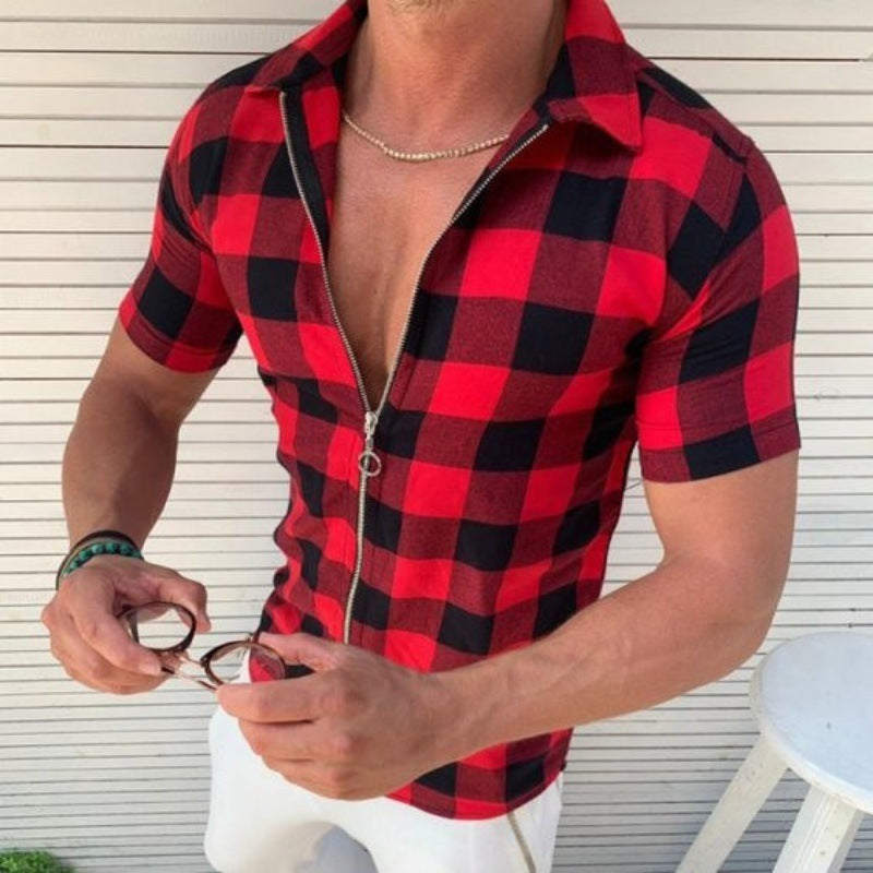 Plaid T Shirt Mens Zipper Short Sleeve Shirts Summer Men Clothing - Boaties Collective