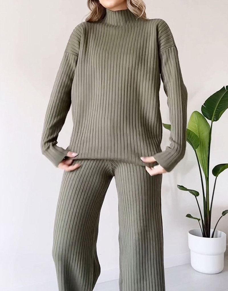 Turtleneck Knitted Suit Loose Split Design Long-sleeved Top And Straight Trousers Fashion Casual Solid Set Women's Clothing - Boaties Collective