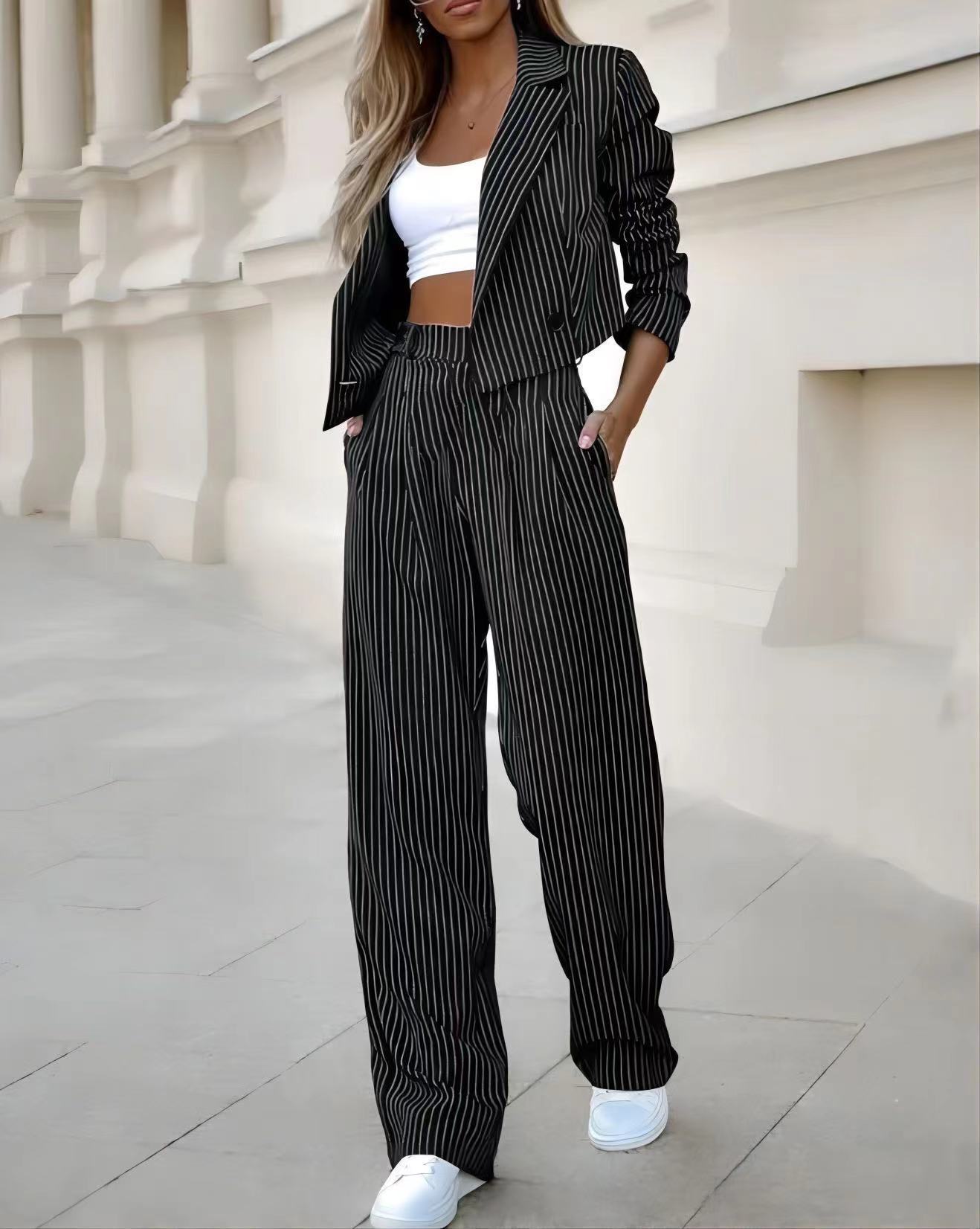 Fashion Striped Suits Casual Lapel Long Sleeve Cropped Top And Straight Pants Outfits Women's Clothing - Boaties Collective