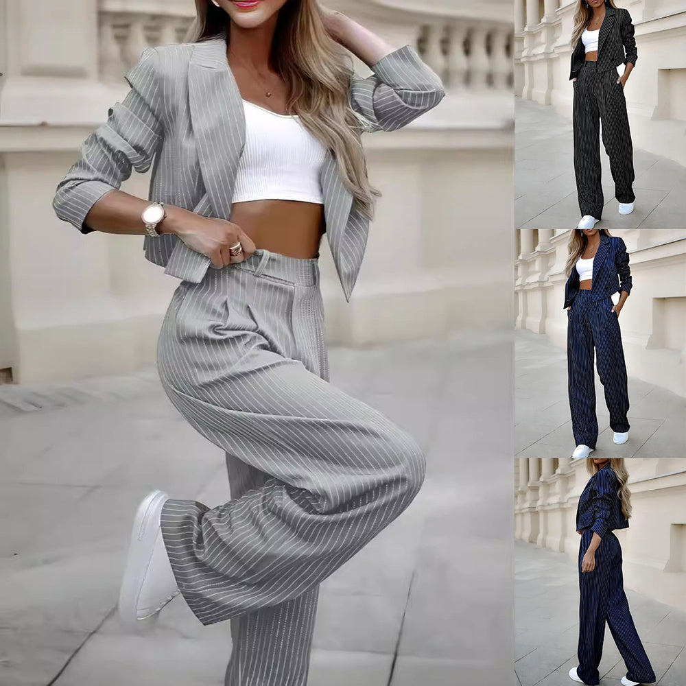 Fashion Striped Suits Casual Lapel Long Sleeve Cropped Top And Straight Pants Outfits Women's Clothing - Boaties Collective