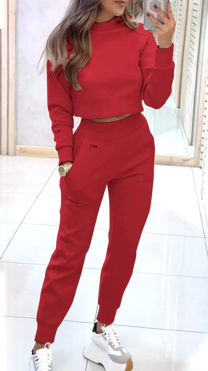 Stand Collar Sports Suit Fashion Pullover Long-sleeves Short Top And Slim Trousers With Pockets Solid Outfits Women's Clothing - Boaties Collective