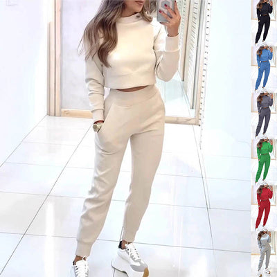 Stand Collar Sports Suit Fashion Pullover Long-sleeves Short Top And Slim Trousers With Pockets Solid Outfits Women's Clothing - Boaties Collective