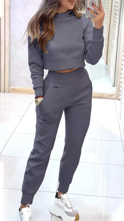 Stand Collar Sports Suit Fashion Pullover Long-sleeves Short Top And Slim Trousers With Pockets Solid Outfits Women's Clothing - Boaties Collective