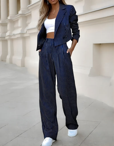 Fashion Striped Suits Casual Lapel Long Sleeve Cropped Top And Straight Pants Outfits Women's Clothing - Boaties Collective