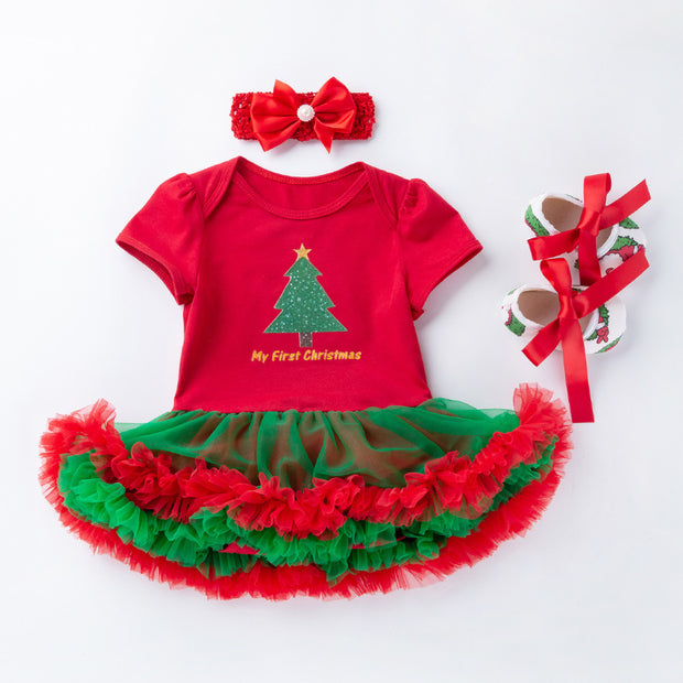 Baby Christmas New Short Sleeve Cartoon Mesh Dress - Boaties Collective