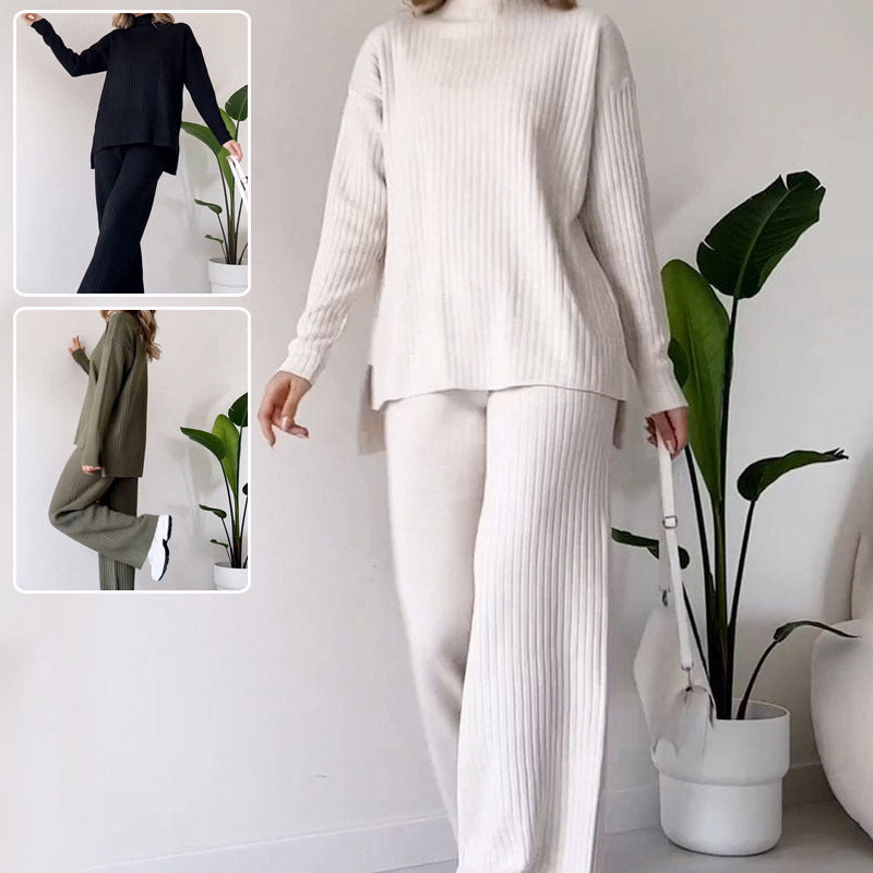 Turtleneck Knitted Suit Loose Split Design Long-sleeved Top And Straight Trousers Fashion Casual Solid Set Women's Clothing - Boaties Collective