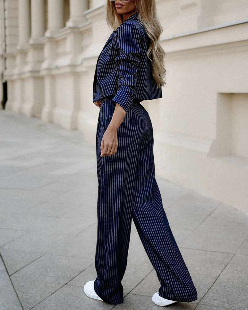 Fashion Striped Suits Casual Lapel Long Sleeve Cropped Top And Straight Pants Outfits Women's Clothing - Boaties Collective