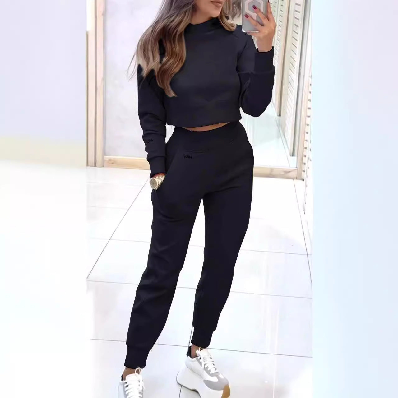 Stand Collar Sports Suit Fashion Pullover Long-sleeves Short Top And Slim Trousers With Pockets Solid Outfits Women's Clothing - Boaties Collective