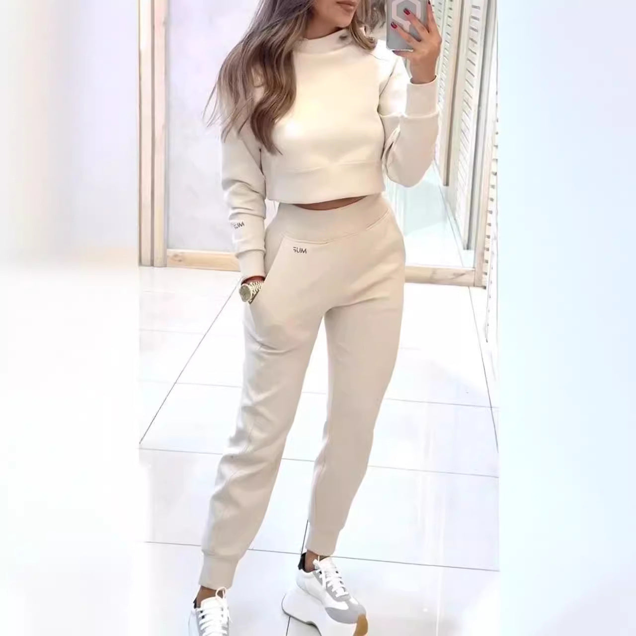 Stand Collar Sports Suit Fashion Pullover Long-sleeves Short Top And Slim Trousers With Pockets Solid Outfits Women's Clothing - Boaties Collective