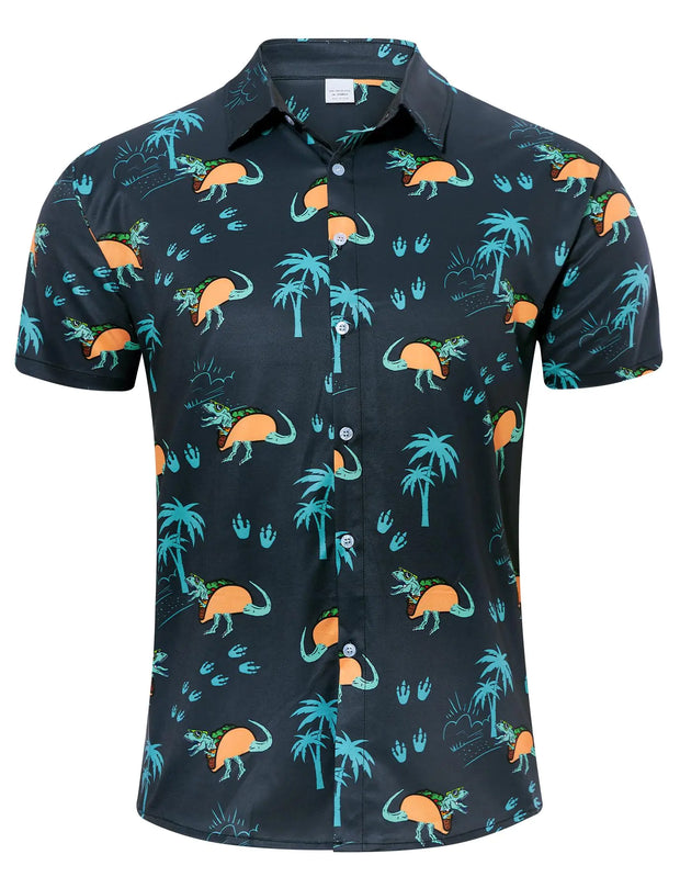 Adovigo Dinosaur Taco Shirts for Men Neon Hawaiian Shirt Short Sleeve Casual Button Down Tops Summer Tropical Coconut Trees Beach Outfit Palm Tree Printed Clothing Black X-Large - Boaties Collective