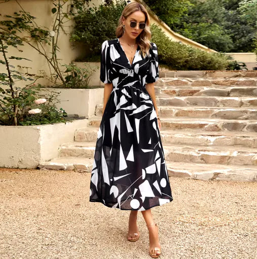 New V-neck Printed Short-sleeved Long Dress Summer Fashion Slim Seaside Vacation Beach Dresses For Women Clothing - Boaties Collective