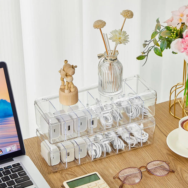 Tatuo 2 Pcs Plastic Cord Storage Box with Wire Ties and Sort Stickers Clear Cable Organizer Box with Lid Wire Desk Organizer Electronics Charger Organizer Case Cable Management Box for Office Home - Boaties Collective