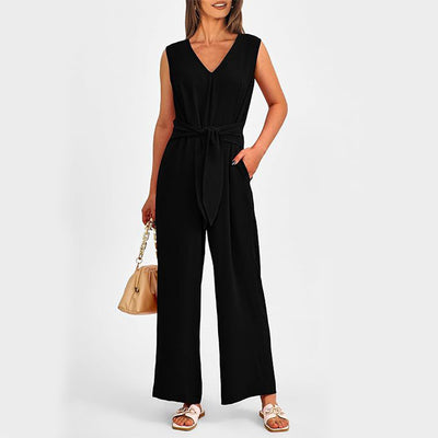 New V-neck Sleeveless Long Jumpsuit With Pockets And Lace-up Design Wide-leg Straight Trousers Summer Womens Clothing - Boaties Collective