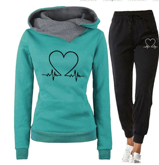 Love Heart Printed Sports Suit Hooded Sweatshirt Top And Drawstring Pants Fashion Casual Clothing For Women - Boaties Collective