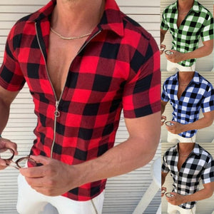 Plaid T Shirt Mens Zipper Short Sleeve Shirts Summer Men Clothing - Boaties Collective