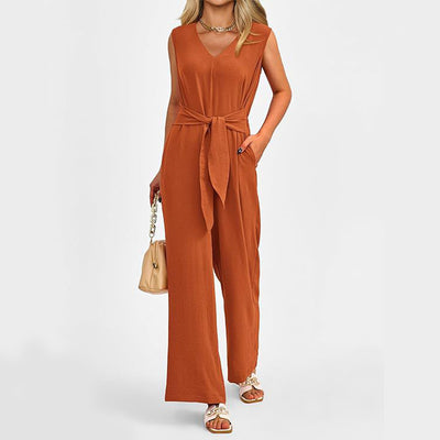 New V-neck Sleeveless Long Jumpsuit With Pockets And Lace-up Design Wide-leg Straight Trousers Summer Womens Clothing - Boaties Collective